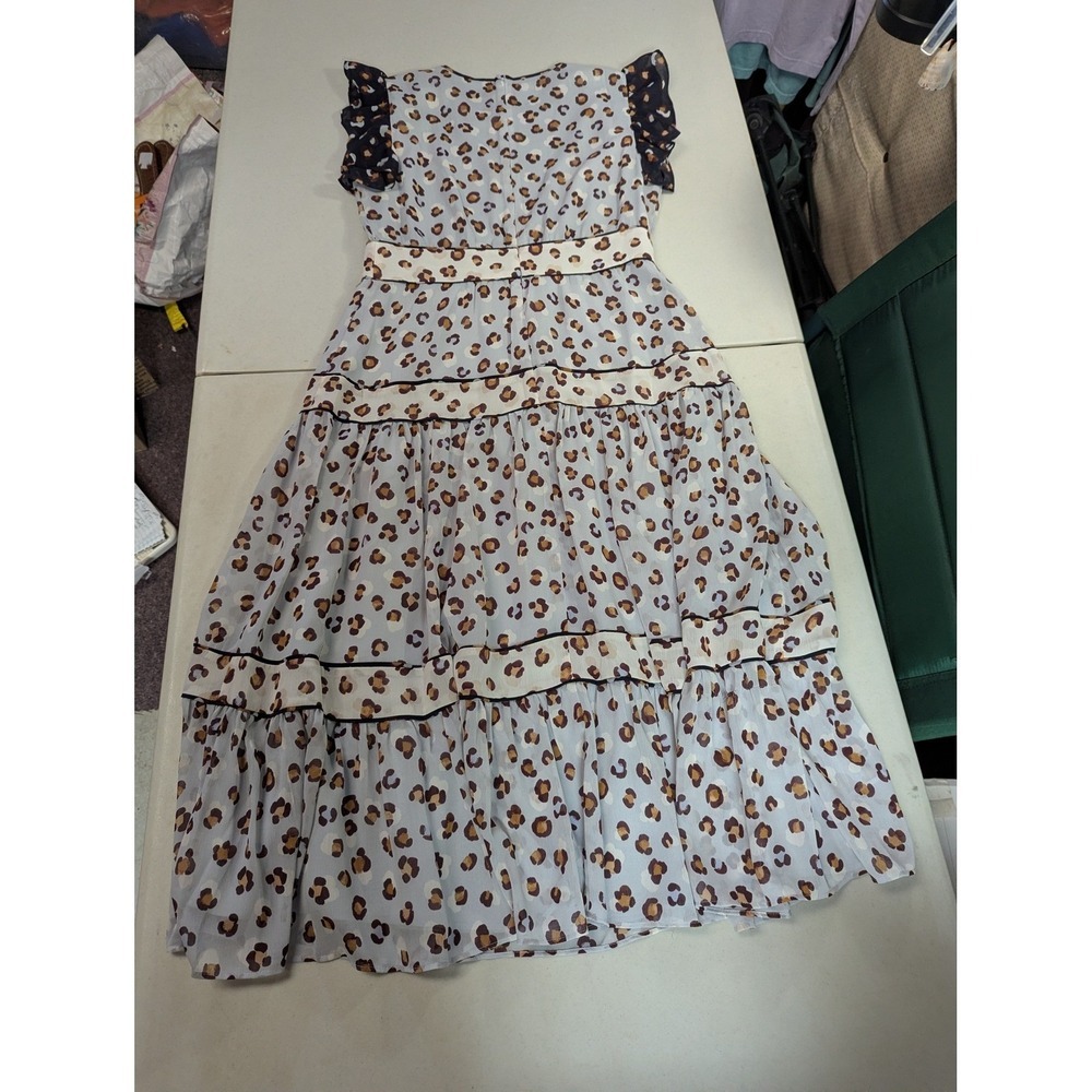 Ann Taylor 6P Blue Leopard Print Tiered Prairie Midi Dress Flutter Sleeve Lined - Picture 8 of 13